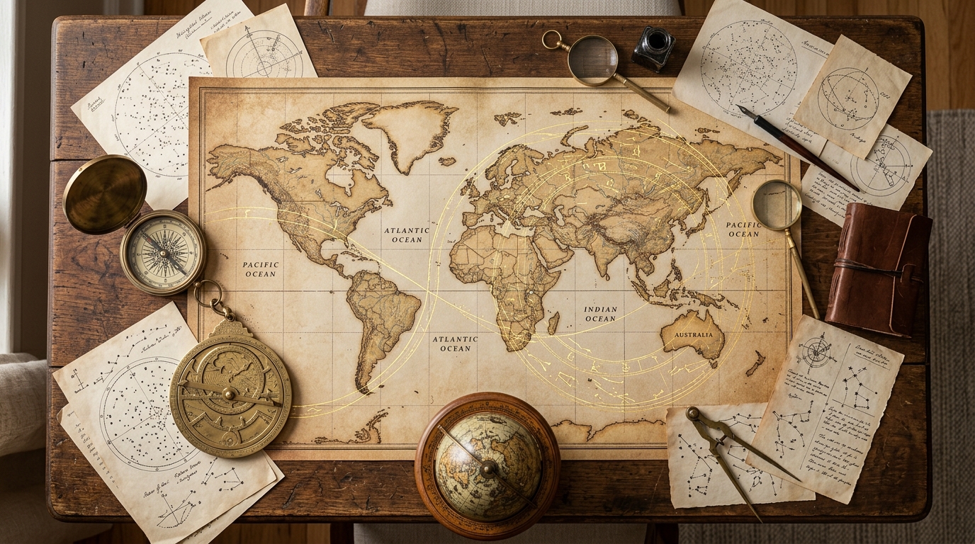 Aerial flat-lay of a world map with astrocartography lines, compass, and astrolabe