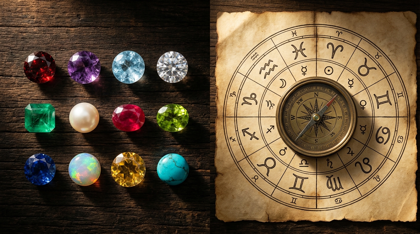 Birthstone chart gems beside an astrological birth chart wheel, side by side