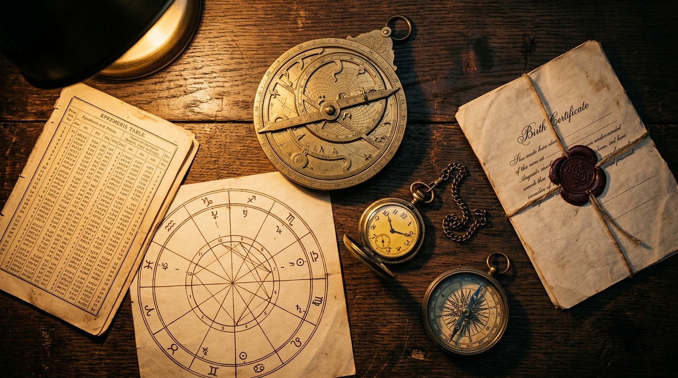 Astrolabe, ephemeris table, and pocket watch representing accurate birth chart calculation